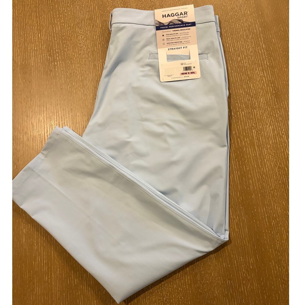 NWT Haggar Pants Mens 40x30 Light Blue Straight‎ Travel Performance Sport